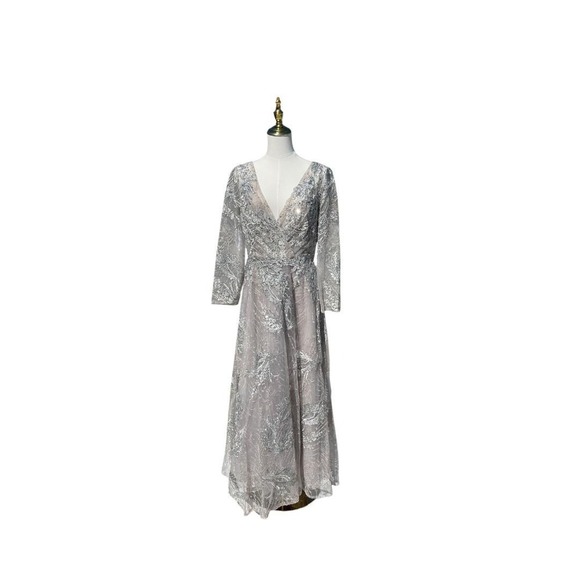 Mac Duggal 20336 Platinum Embellished Wrap Over 3/4 Sleeve Dress Size 6 - Picture 1 of 9